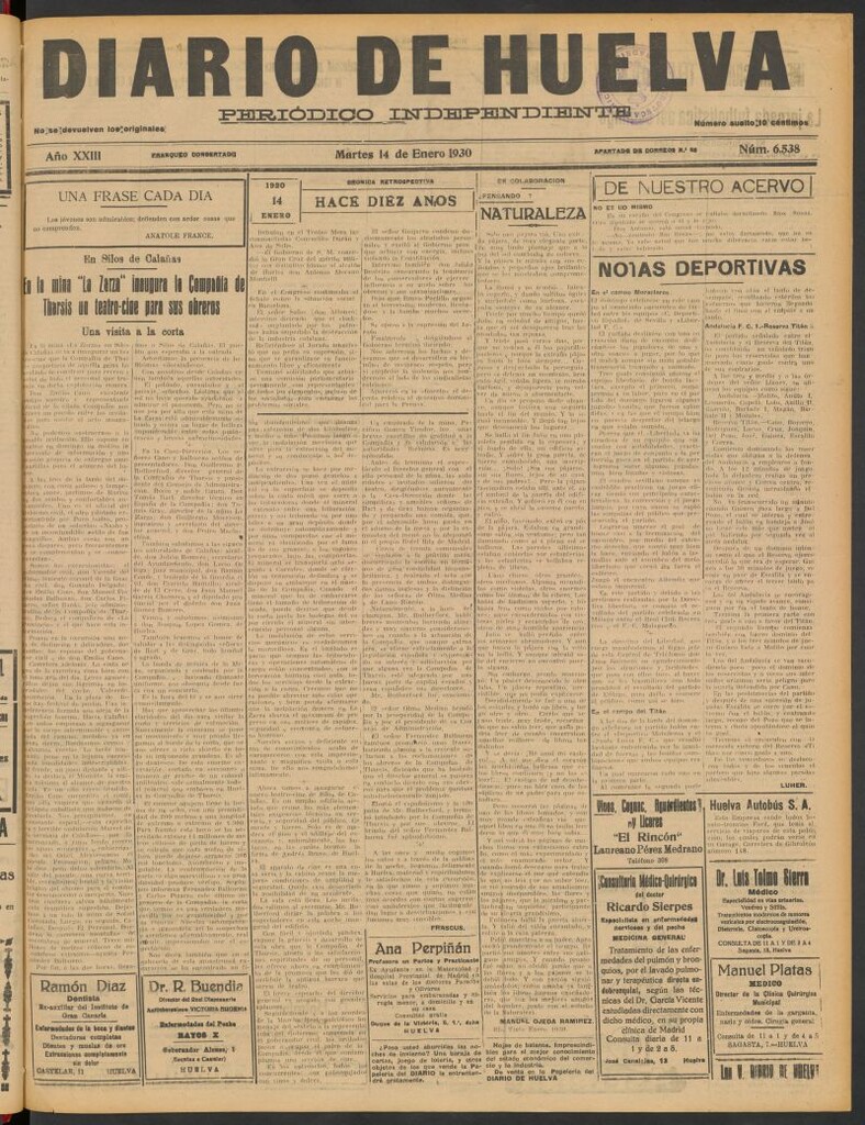 Miniatura de Diario de Huelva : periódico independiente del 14 de enero de 1930