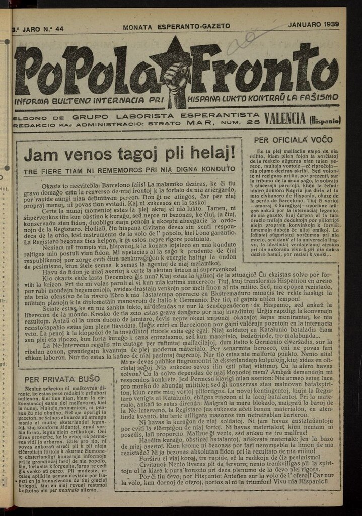 Miniatura de Popola fronto de enero de 1939