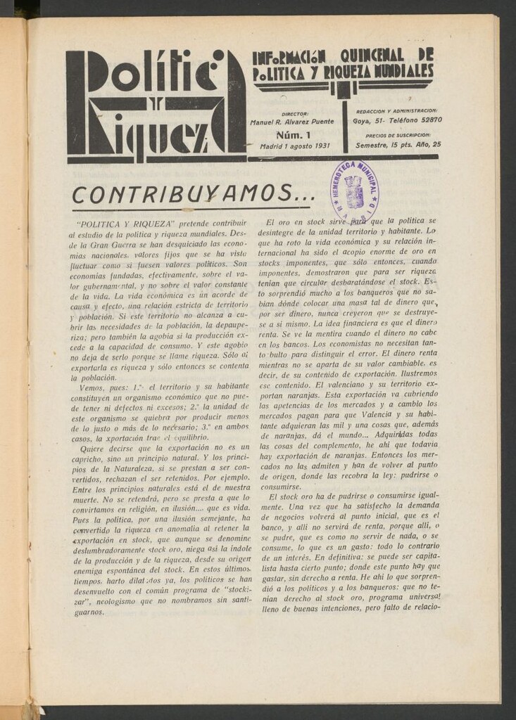 Miniatura de Política y riqueza (Madrid. 1931) del 1 de agosto de 1931