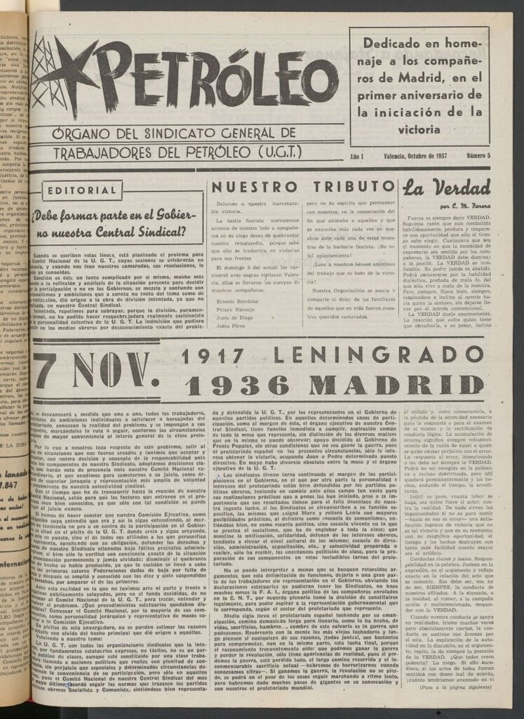 Miniatura de Petróleo : órgano del Sindicato General de Trabajadores del Petróleo de octubre de 1937
