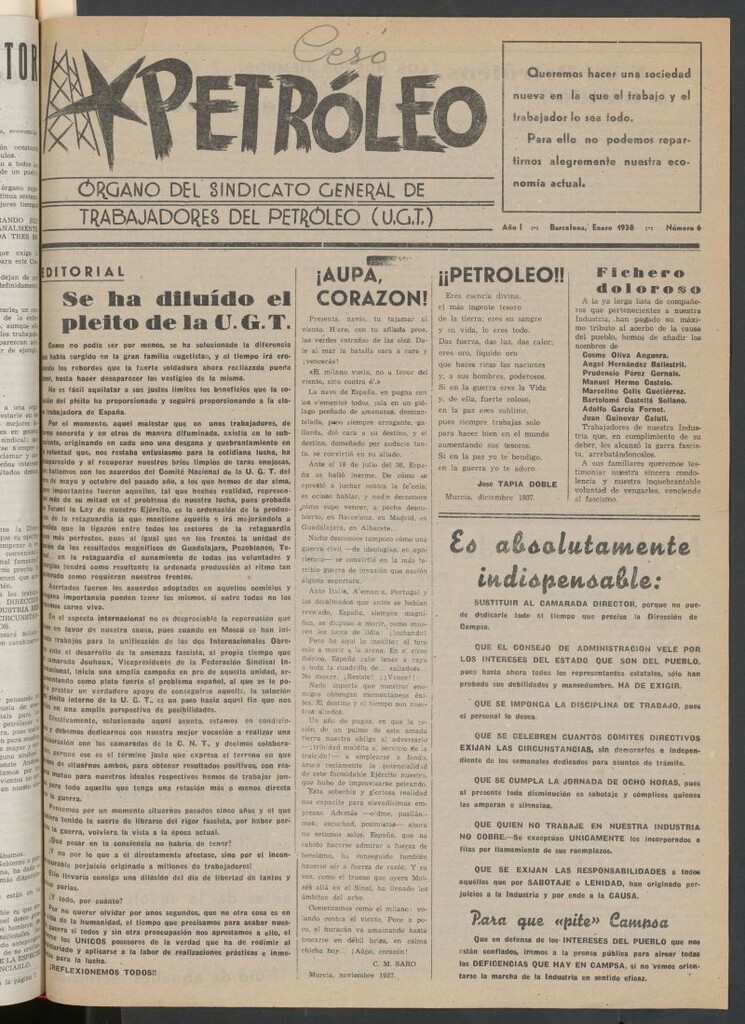 Miniatura de Petróleo : órgano del Sindicato General de Trabajadores del Petróleo de enero de 1938