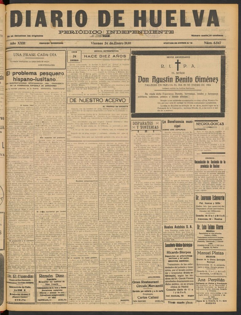 Miniatura de Diario de Huelva : periódico independiente del 24 de enero de 1930