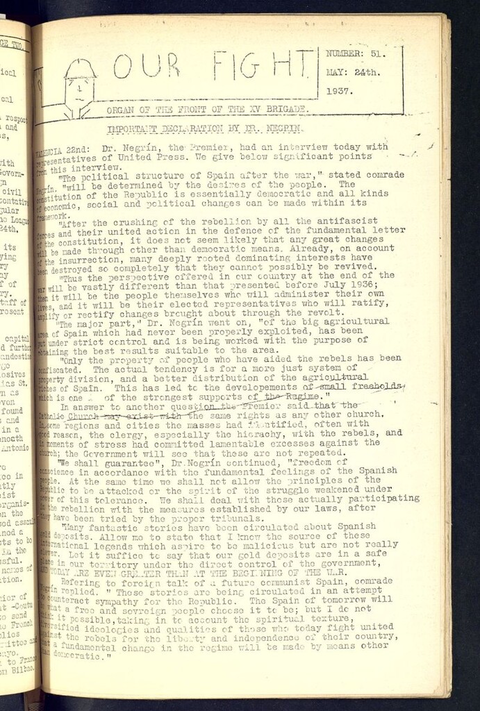 Miniatura de Our fight : organ of the Front of the XV Brigade. May 24 th, 1937