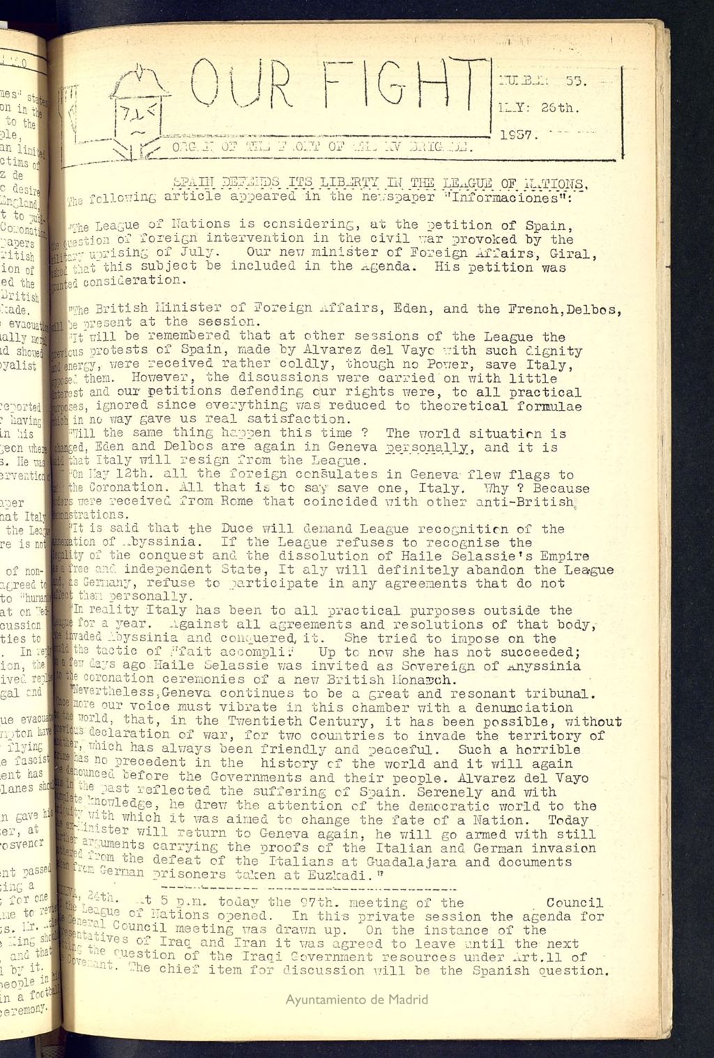 Miniatura de Our fight : organ of the Front of the XV Brigade. May 26 th, 1937