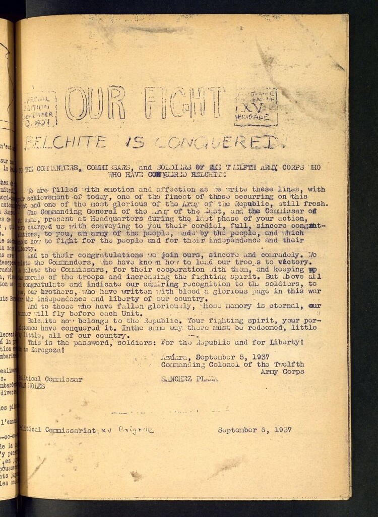 Miniatura de Our fight : organ of the Front of the XV Brigade. September 6 th, 1937