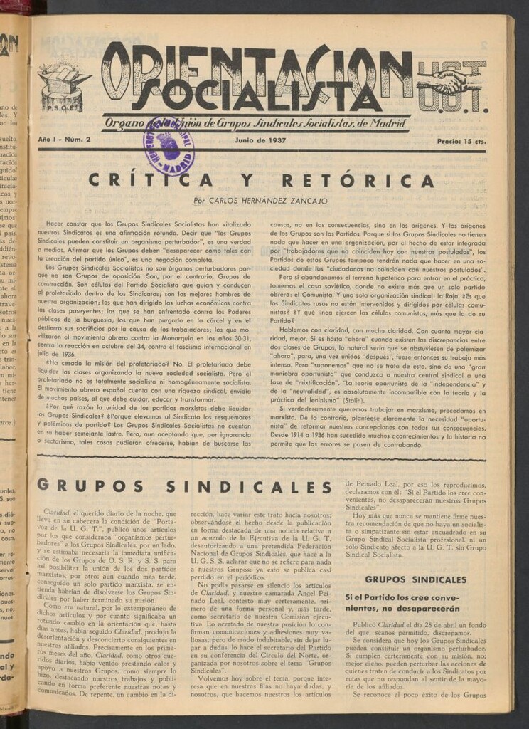 Miniatura de Orientación Socialista : órgano de la Unión de Grupos Sindicales Socialistas de Madrid de junio de 1937