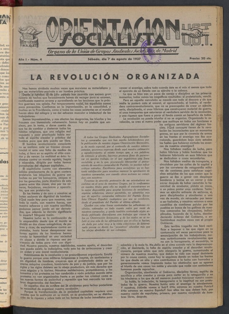 Miniatura de Orientación Socialista : órgano de la Unión de Grupos Sindicales Socialistas de Madrid del 7 de agosto de 1937