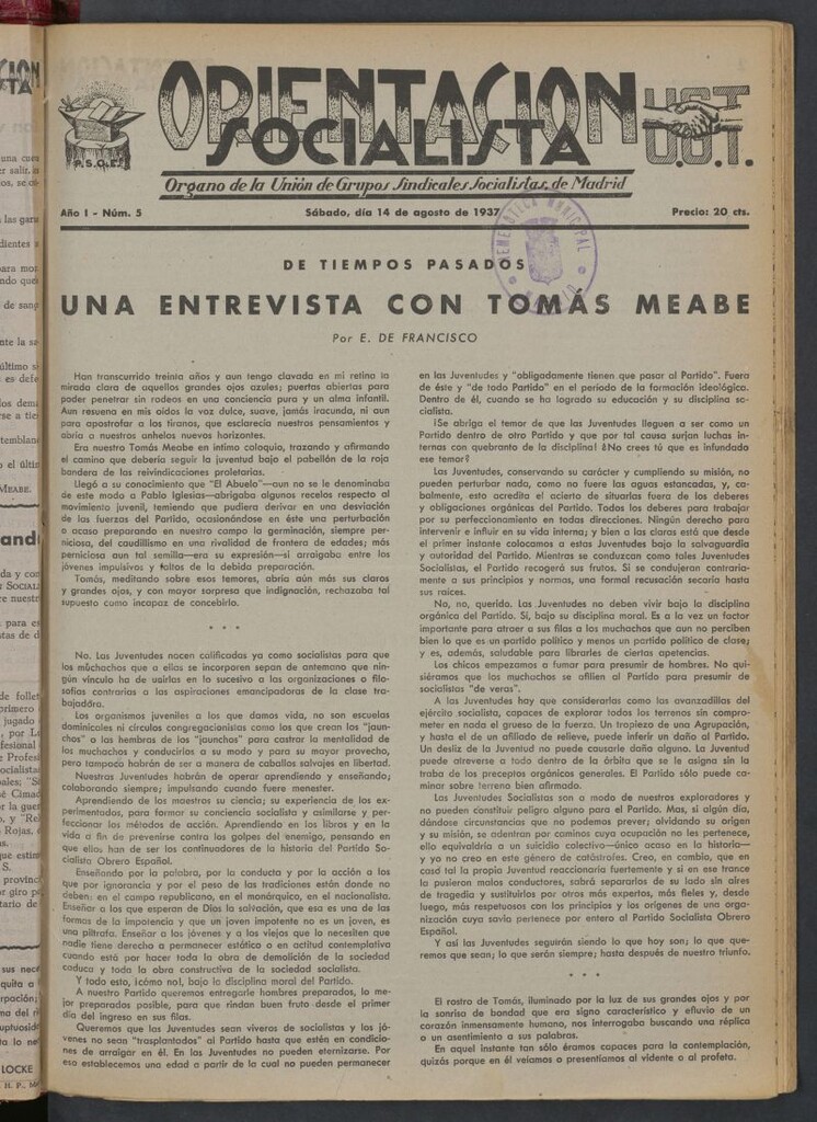 Miniatura de Orientación Socialista : órgano de la Unión de Grupos Sindicales Socialistas de Madrid del 14 de agosto de 1937
