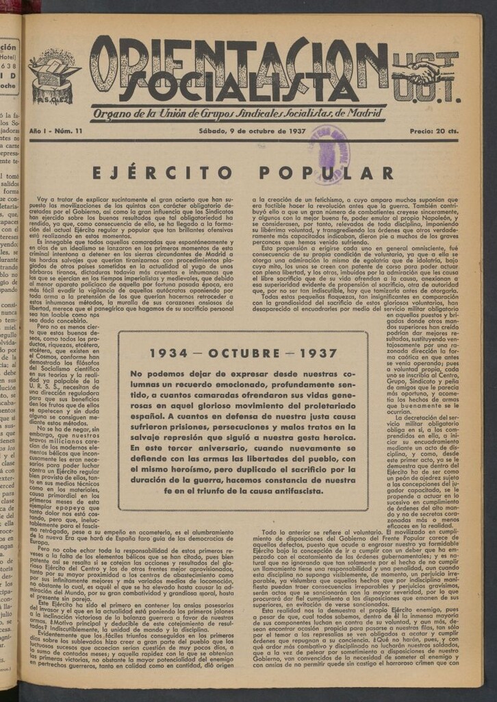 Miniatura de Orientación Socialista : órgano de la Unión de Grupos Sindicales Socialistas de Madrid del 9 de octubre de 1937