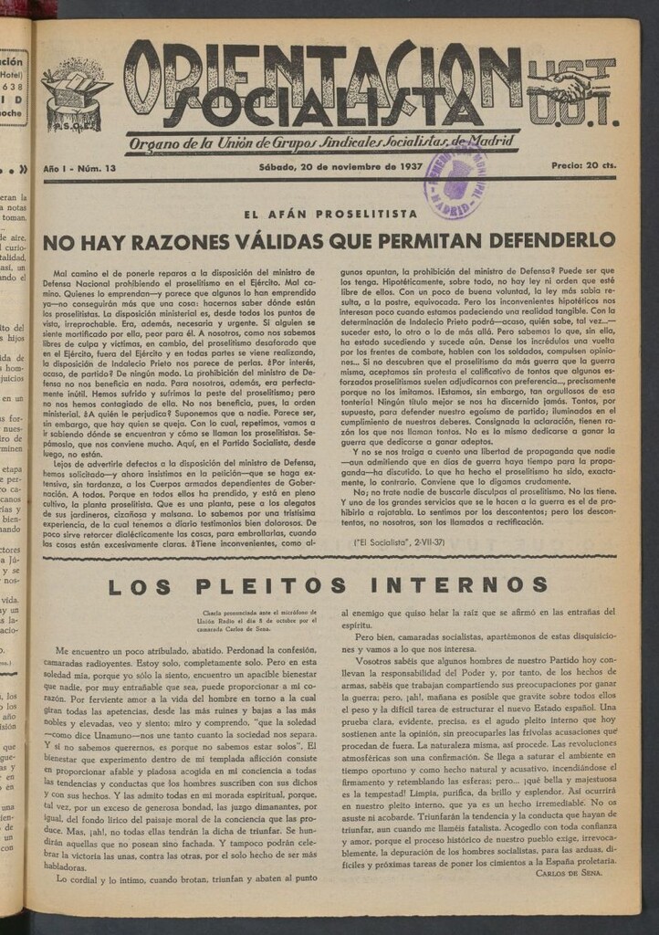 Miniatura de Orientación Socialista : órgano de la Unión de Grupos Sindicales Socialistas de Madrid del 20 de noviembre de 1937