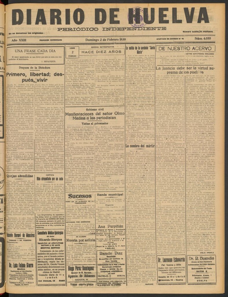 Miniatura de Diario de Huelva : periódico independiente del 2 de febrero de 1930