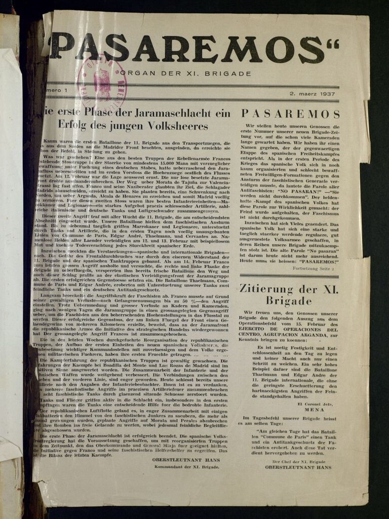 Miniatura de Pasaremos : organ der XI Brigade. 2 maerz, 1937