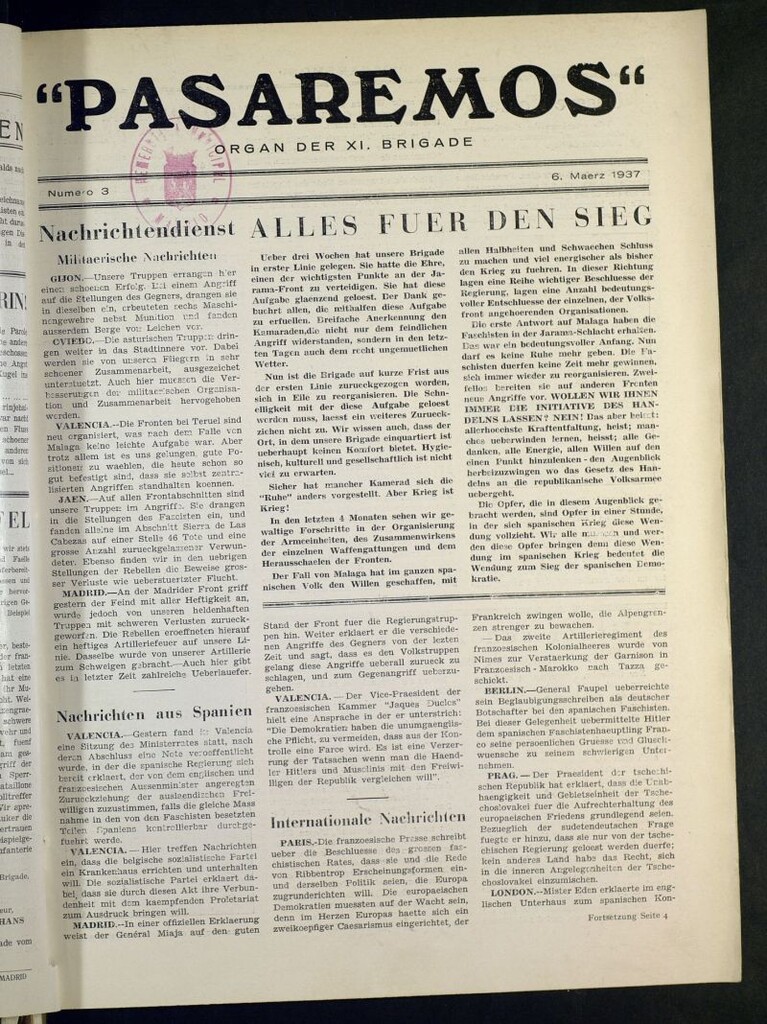 Miniatura de Pasaremos : organ der XI Brigade. 6 maerz, 1937
