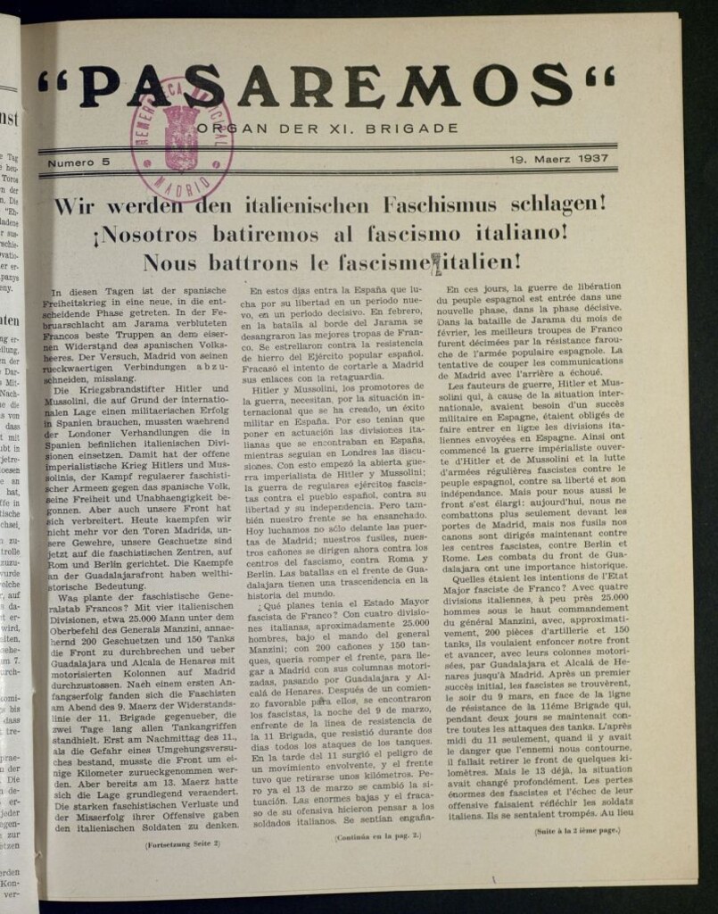Miniatura de Pasaremos : organ der XI Brigade. 19 maerz, 1937