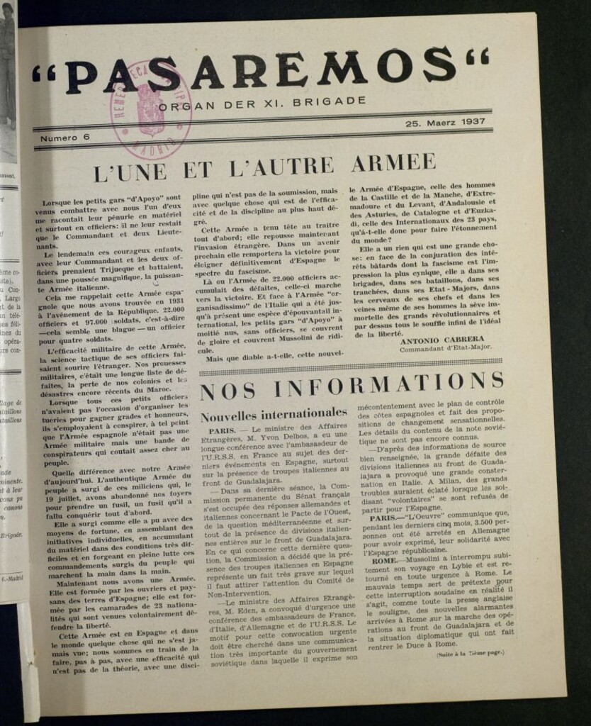 Miniatura de Pasaremos : organ der XI Brigade. 25 maerz, 1937