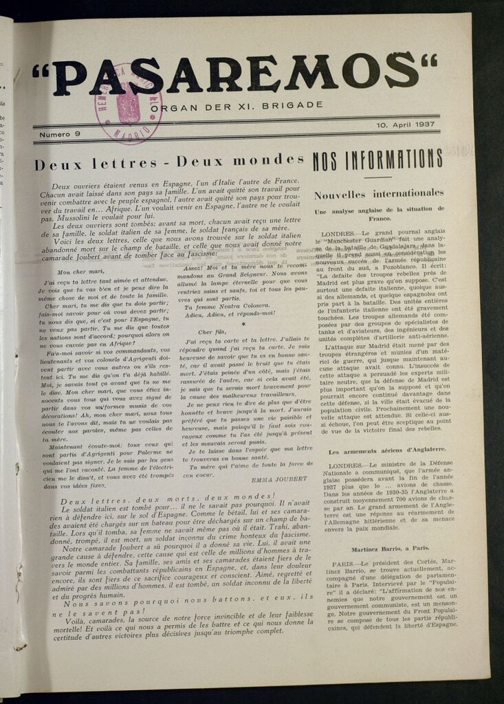 Miniatura de Pasaremos : organ der XI Brigade. 10 april, 1937