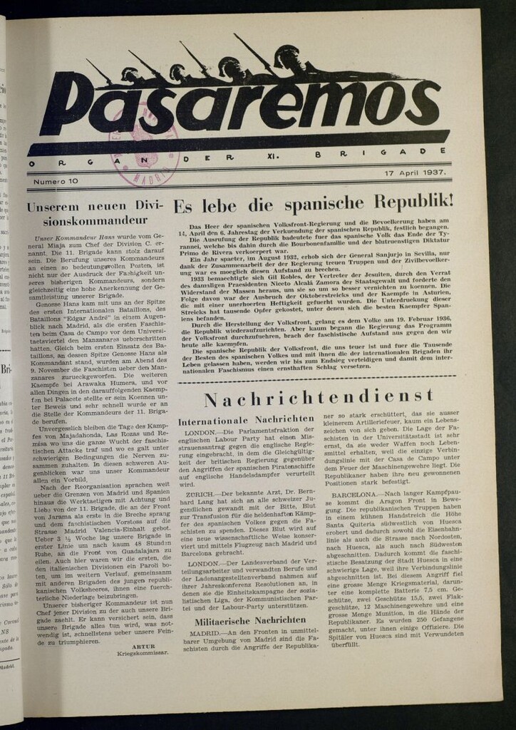Miniatura de Pasaremos : organ der XI Brigade. 17 april, 1937