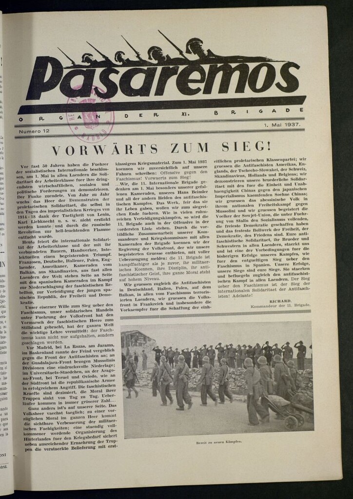 Miniatura de Pasaremos : organ der XI Brigade. 1 mai, 1937