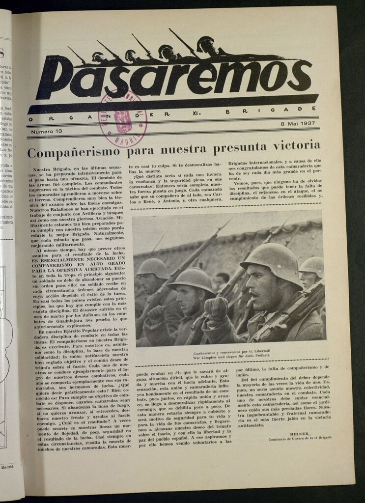 Miniatura de Pasaremos : organ der XI Brigade. 8 mai, 1937