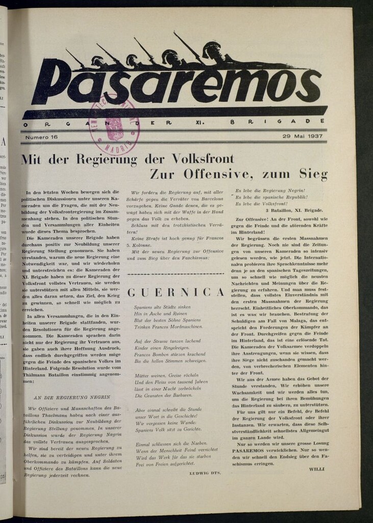 Miniatura de Pasaremos : organ der XI Brigade. 29 mai, 1937