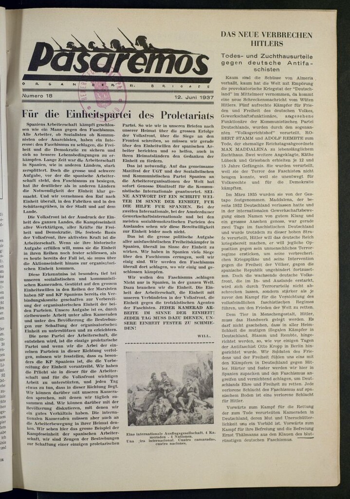 Miniatura de Pasaremos : organ der XI Brigade. 12 juni, 1937