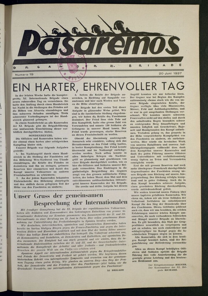 Miniatura de Pasaremos : organ der XI Brigade. 20 juni, 1937
