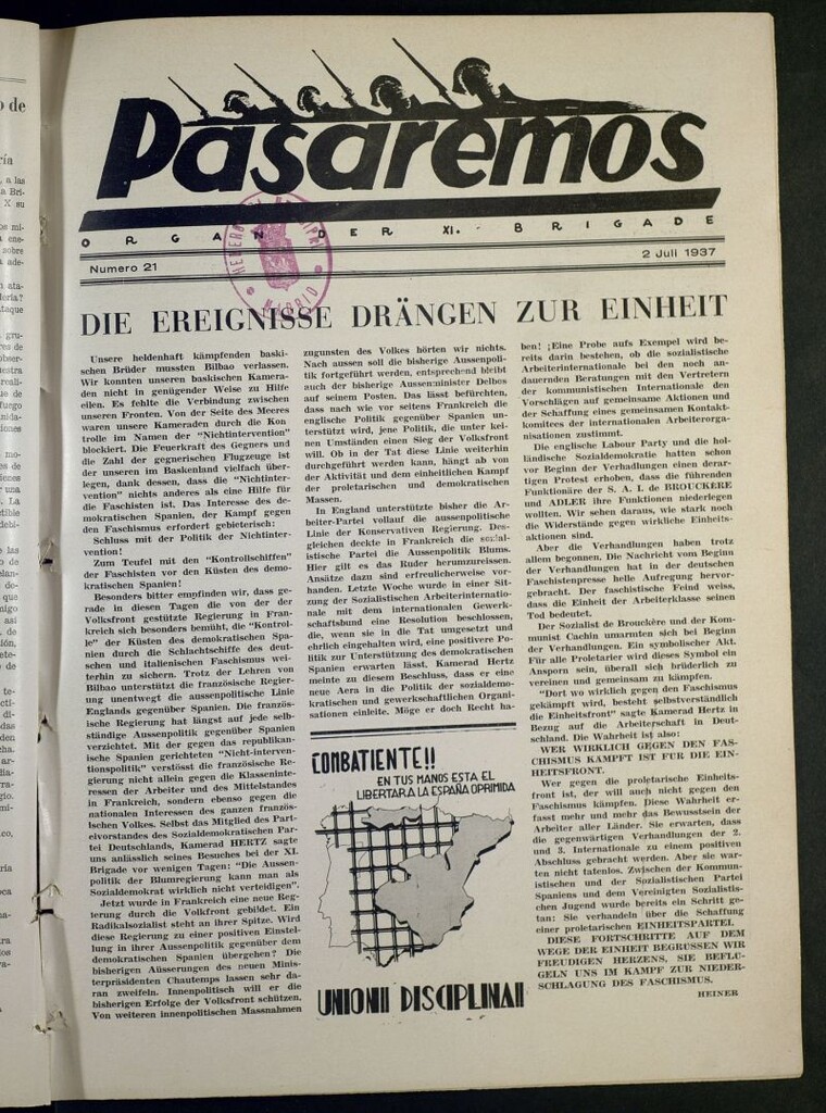 Miniatura de Pasaremos : organ der XI Brigade. 2 juli, 1937