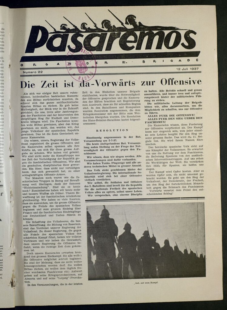 Miniatura de Pasaremos : organ der XI Brigade. 12 juli, 1937