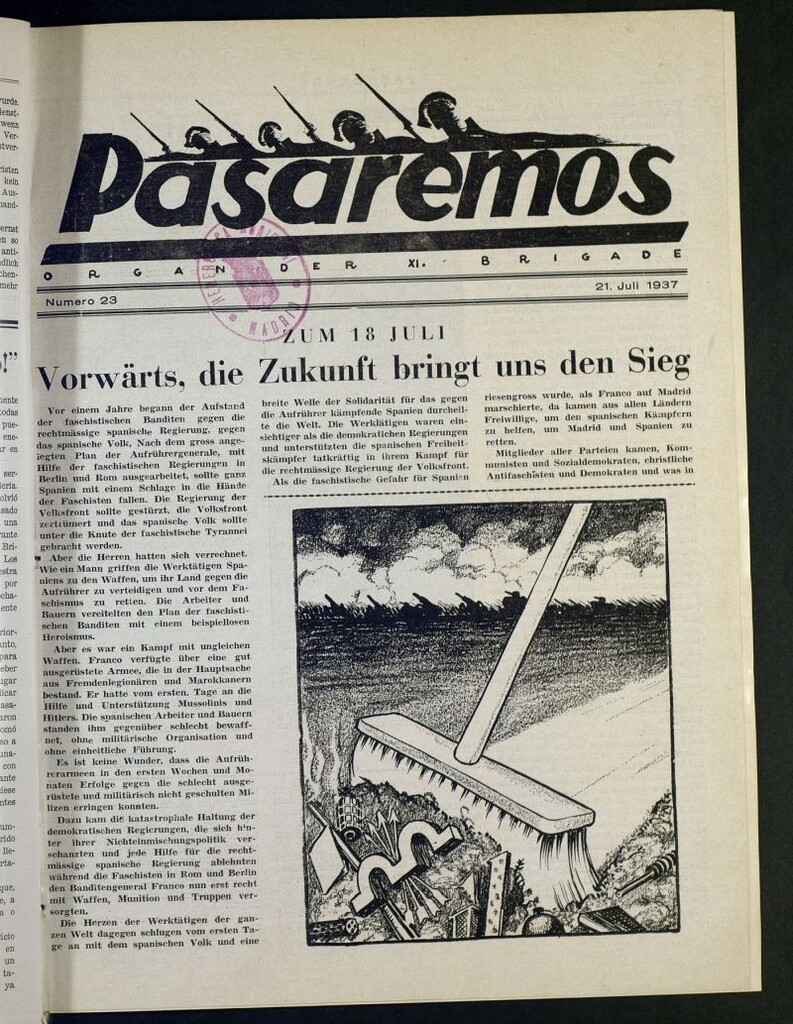 Miniatura de Pasaremos : organ der XI Brigade. 21 juli, 1937