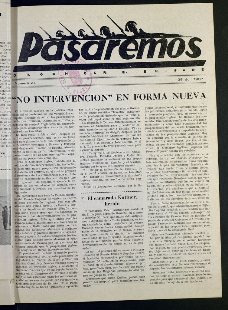 Miniatura de Pasaremos : organ der XI Brigade. 28 juli, 1937