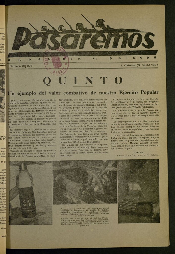 Miniatura de Pasaremos : organ der XI Brigade. 1 oktober, 1937