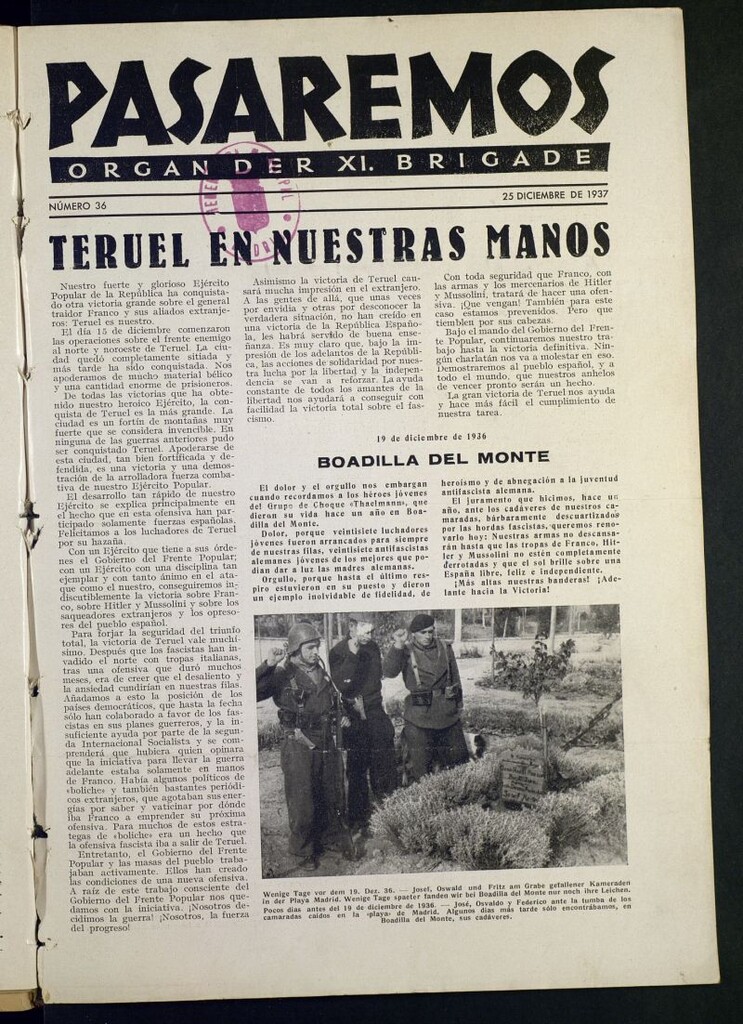 Miniatura de Pasaremos : organ der XI Brigadedel 25 de diciembre de 1937
