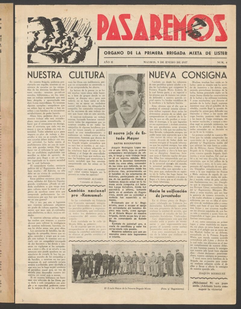 Miniatura de Pasaremos : órgano de la 1ª Brigada Mixta del 9 de enero de 1937