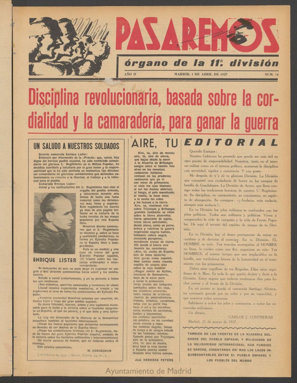 Miniatura de Pasaremos : órgano de la 1ª Brigada Mixta del 1 de abril de 1937