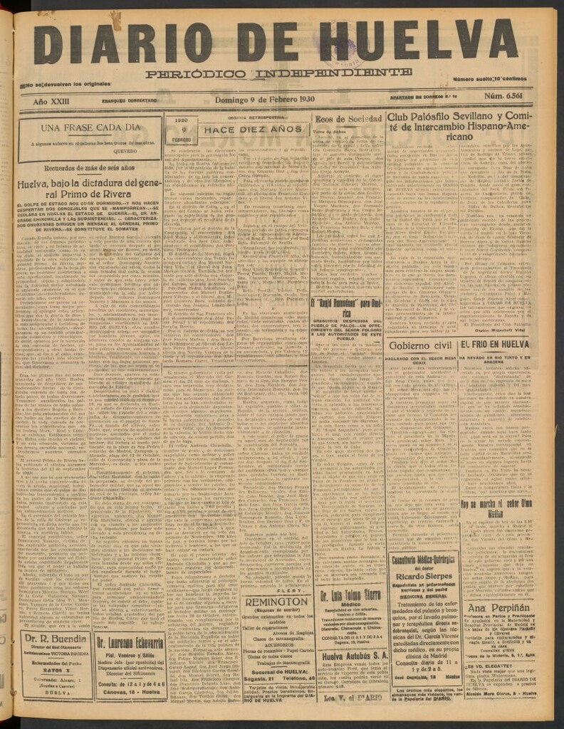 Miniatura de Diario de Huelva : periódico independiente del 9 de febrero de 1930