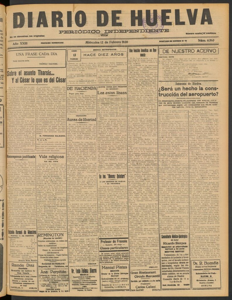 Miniatura de Diario de Huelva : periódico independiente del 12 de febrero de 1930