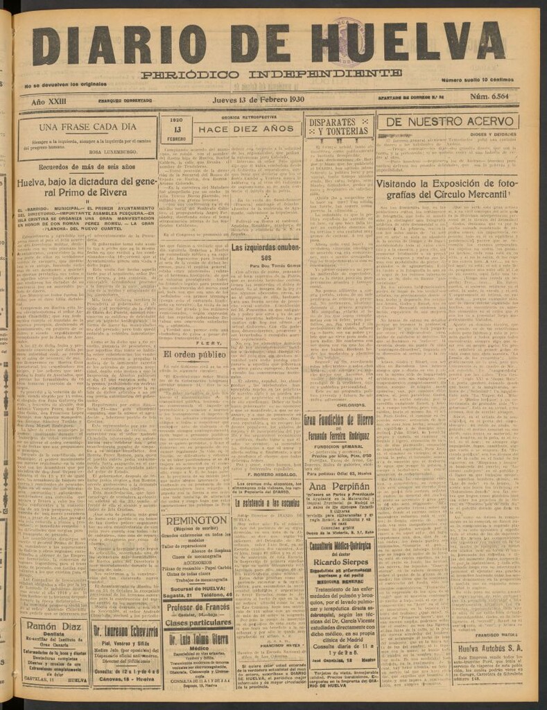Miniatura de Diario de Huelva : periódico independiente del 13 de febrero de 1930