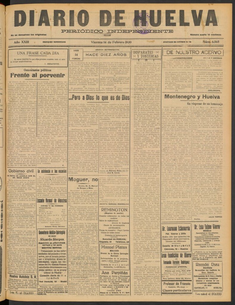 Miniatura de Diario de Huelva : periódico independiente del 14 de febrero de 1930
