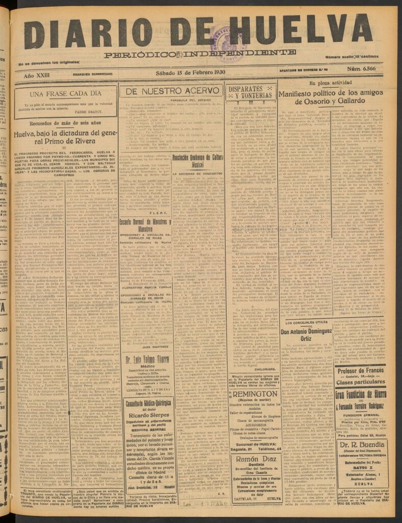Miniatura de Diario de Huelva : periódico independiente del 15 de febrero de 1930