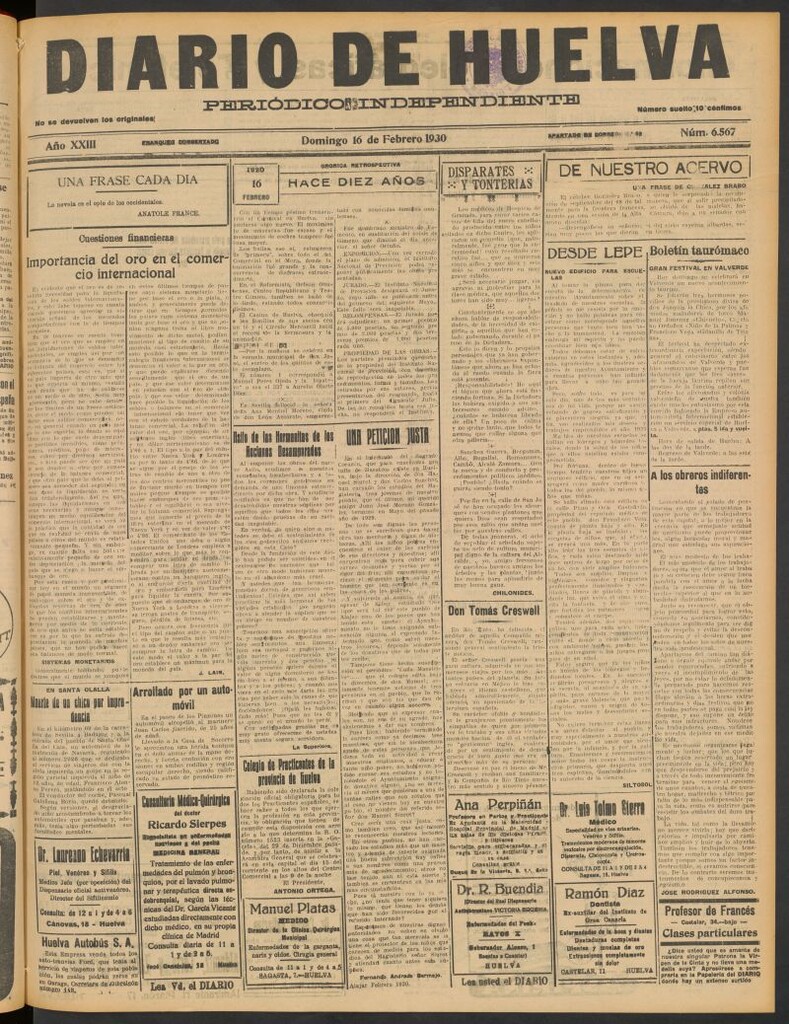 Miniatura de Diario de Huelva : periódico independiente del 16 de febrero de 1930