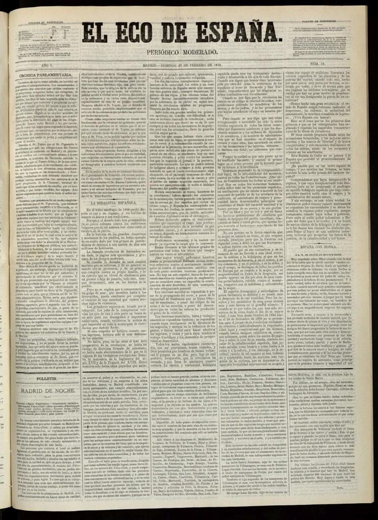 Miniatura de El Eco de España del 27 de febrero de 1870