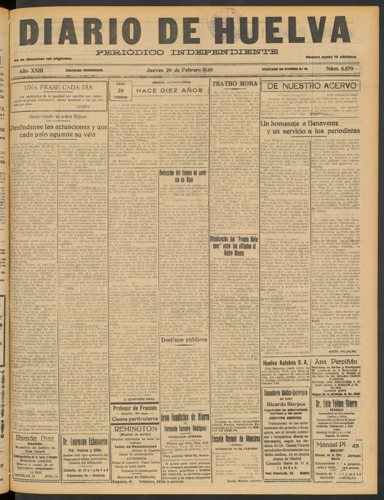 Miniatura de Diario de Huelva : periódico independiente del 20 de febrero de 1930