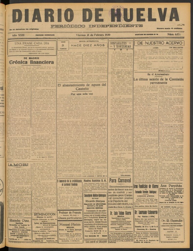 Miniatura de Diario de Huelva : periódico independiente del 21 de febrero de 1930