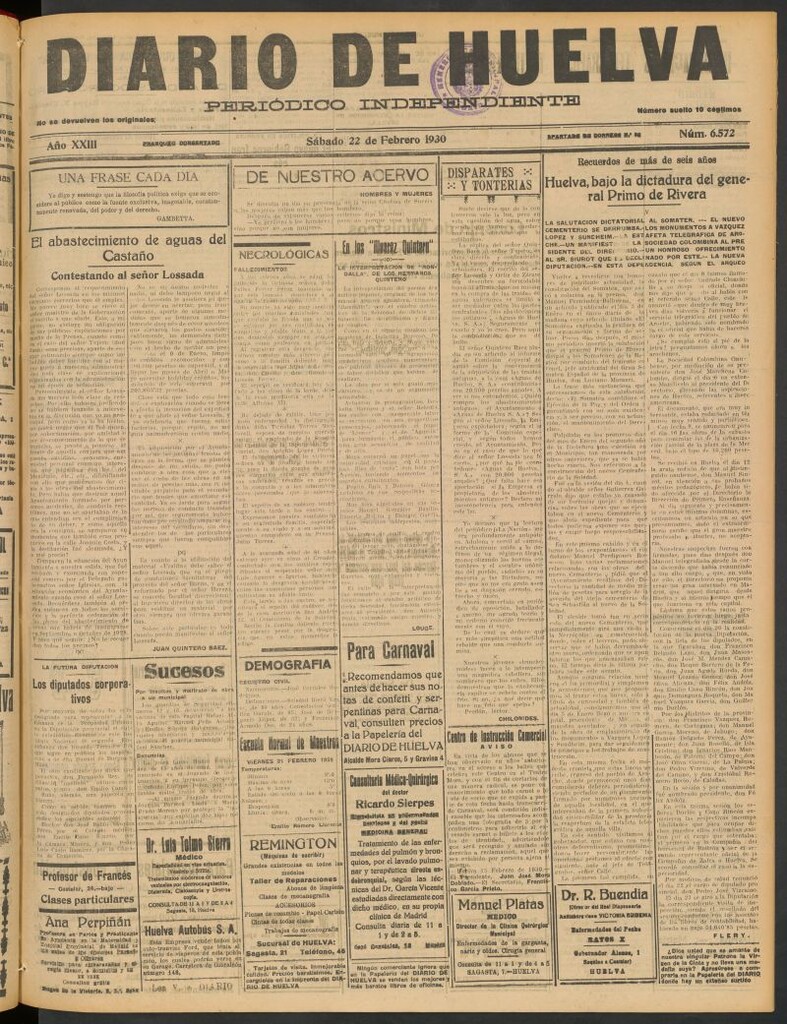 Miniatura de Diario de Huelva : periódico independiente del 22 de febrero de 1930