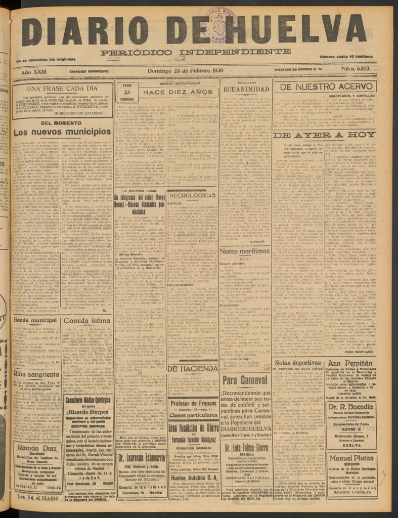 Miniatura de Diario de Huelva : periódico independiente del 23 de febrero de 1930