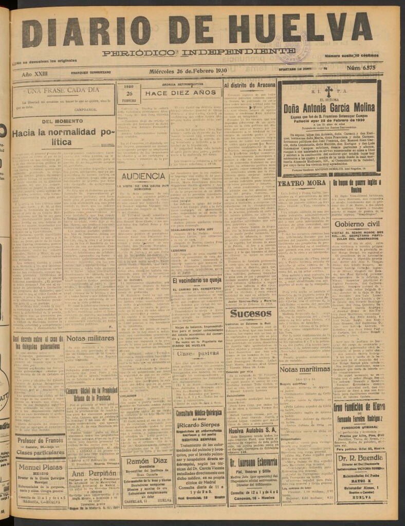 Miniatura de Diario de Huelva : periódico independiente del 26 de febrero de 1930