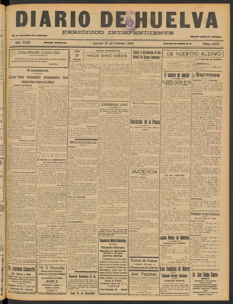 Miniatura de Diario de Huelva : periódico independiente del 27 de febrero de 1930