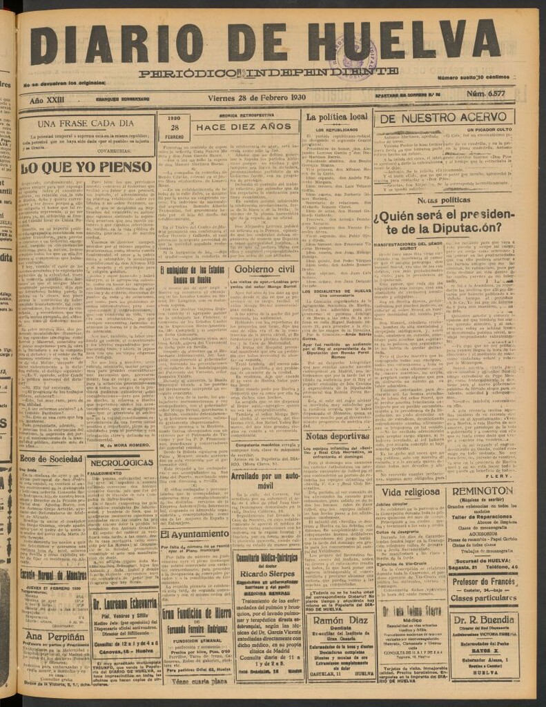 Miniatura de Diario de Huelva : periódico independiente del 28 de febrero de 1930