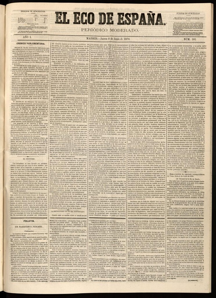 Miniatura de El Eco de España del 9 de junio de 1870