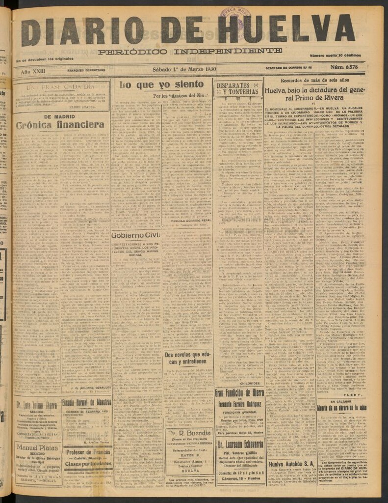 Miniatura de Diario de Huelva : periódico independiente del 1 de marzo de 1930